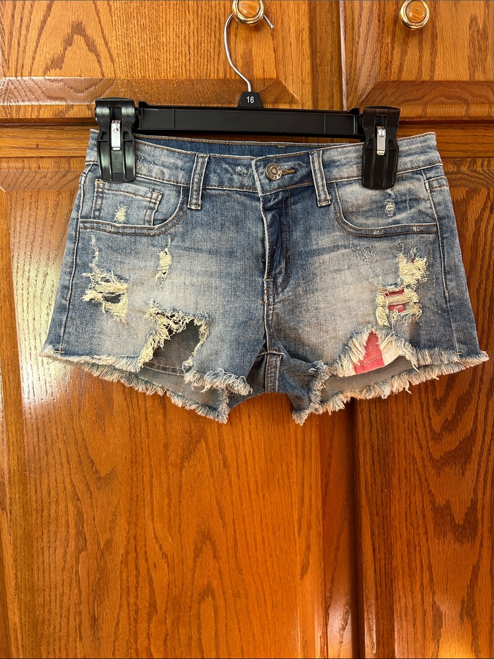 Women’s Frayed Distressed Denim Shorts - Light Blue with Red Accent